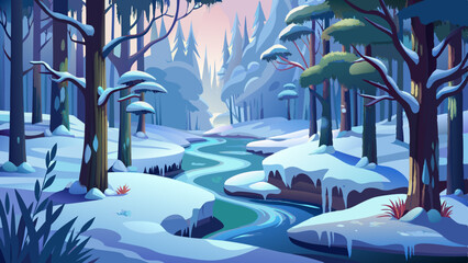 A quiet forest covered in soft snow, icicles hanging from the branches, and a frozen stream winding through the peaceful landscape