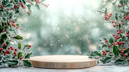 Festive winter scene with snowy holly branches framing a wooden round display.