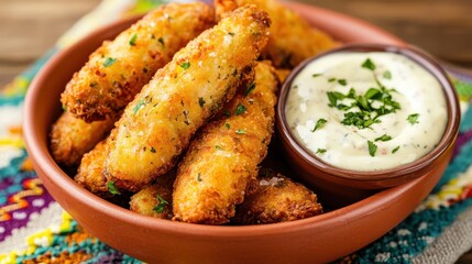Crispy fried snacks served with a creamy dipping sauce, garnished with herbs, perfect for appetizers or sharing.