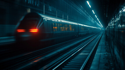 Fast train speeds through dark underground tunnel during evening commute