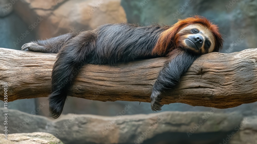 Poster Relaxed sloth resting on a tree branch, showing its fur and limbs.
