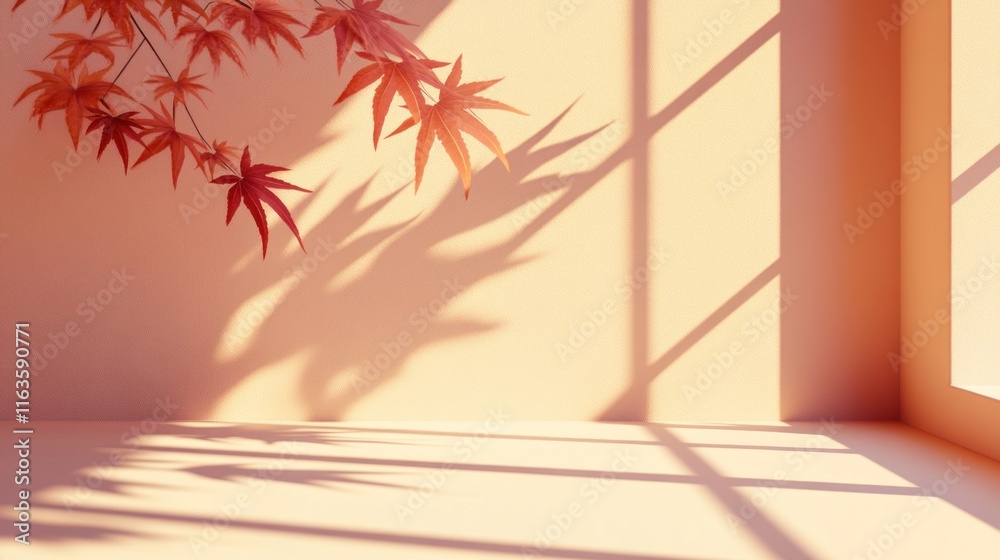 Poster Sunlight streams into a minimalist room, illuminating autumn leaves and casting shadows on the wall.