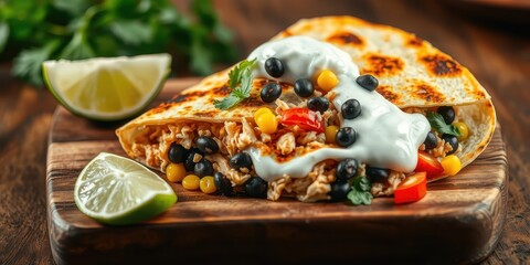 Fototapeta premium Savory Chicken Quesadilla with Corn, Black Beans, and Creamy Yogurt Sauce on Rustic Wooden Board
