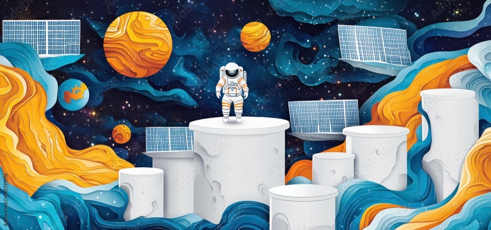 Aufkleber astronaut standing on a platform in space, surrounded by planets and solar panels.