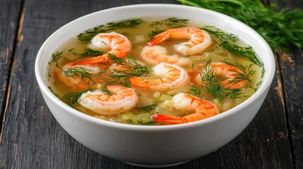 A flavorful shrimp soup garnished with fresh dill, showcasing succulent shrimp in a clear broth.