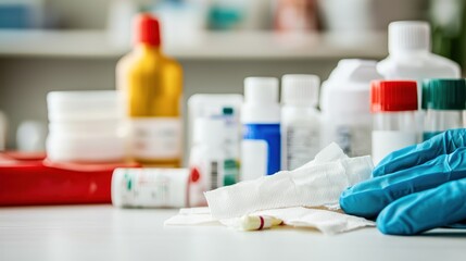 Medical supplies and gauze on a white surface