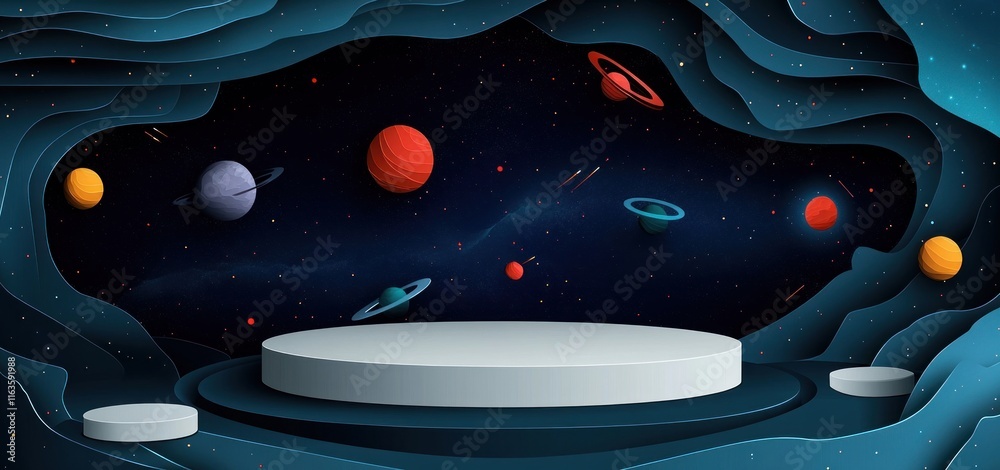 Poster cosmic scene with planets and a white cylindrical platform.