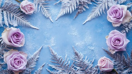 Lavender roses and frosted ferns on a blue background create a winter frame.