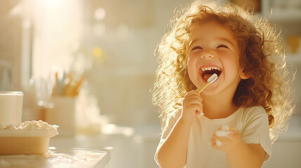 Happy child brushing teeth with wooden toothbrush in bathroom: dental hygiene and health