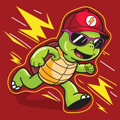 a cute turtle run with high speed and wearing hat and sunglasses good for sticker, design element, or meme