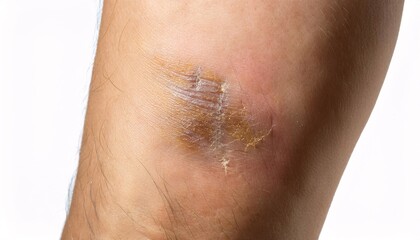 Fototapeta premium close-up of an old scar on the shin caused by a broken bottle accident with faint yet textured healing and visible skin details on isolated white background 