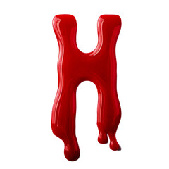 Fototapeta premium Letter H made of blood. A glossy red letter with a smooth, reflective surface. The letter appears to be floating against a white background, with a slight drooping effect.