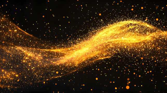 Digital golden particles, resembling those created by Trapcode Form or Trapcode Particular, floating against a sleek black background, creating a dynamic and artistic visual effect.

