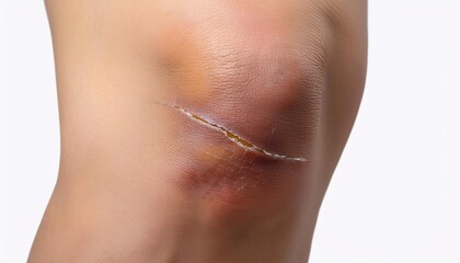 detailed image of a scar from a bike accident on the knee showing rugged texture and healing process on isolated white background
