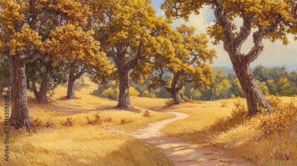 Aufkleber a winding path through a sun-drenched landscape with golden grass and mature oak trees under a partl