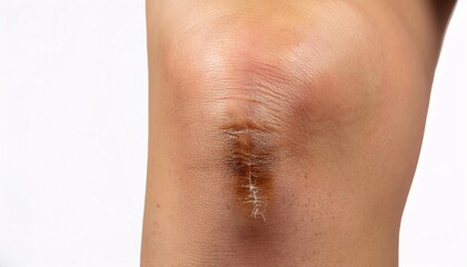 macro shot of a healed scar from a campfire burn on the leg, showing wrinkled texture and subtle discoloration in isolated white background
