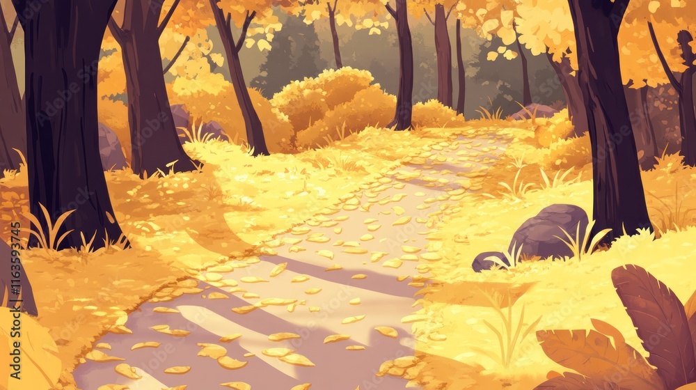 Poster sunlit autumn path winding through a golden forest.
