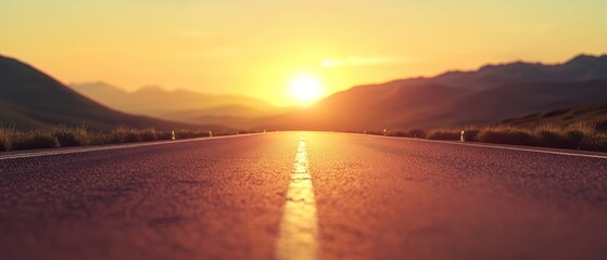Scenic sunset view of a highway road disappearing into the horizon.