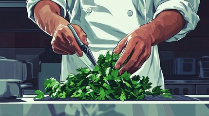 A male chef skillfully chopping fresh cilantro in a modern kitchen, highlighting culinary expertise and vibrant preparation.