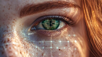 Close-up of a young woman's eye with digital graphics reflecting in her iris, symbolizing technology and connectivity.
