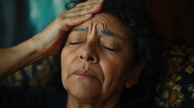 A middle-aged Hispanic woman with curly hair expresses pain and distress, resting her forehead against her hand.