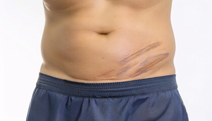 Naklejka premium close-up of a c-section surgical scar on the lower abdomen, showing detailed healed stitch marks and skin texture in isolated white background 