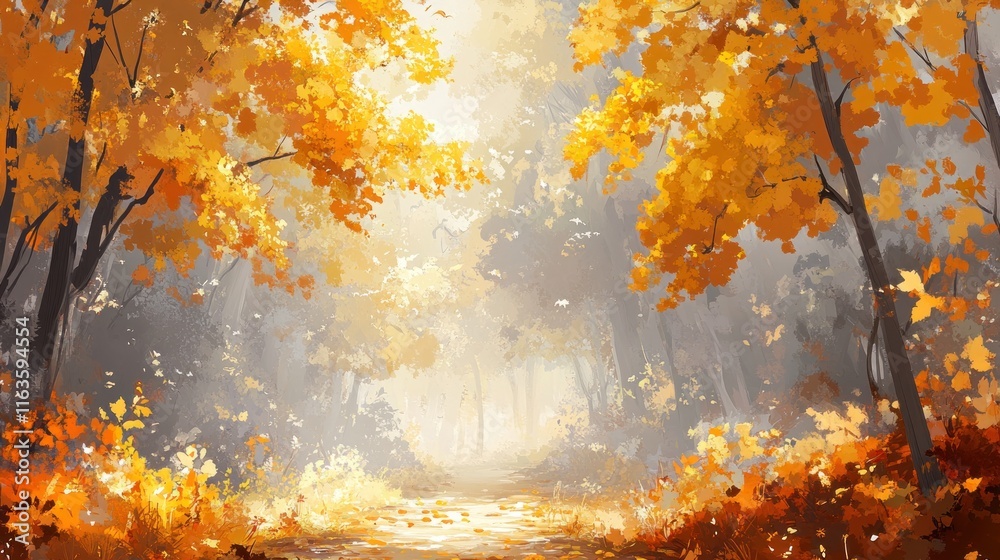 Poster Sunlit path through autumn forest with golden leaves and fog.