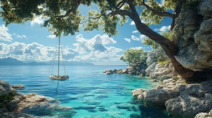 Tranquil Seascape with Sailboat Moored Under Shady Tree