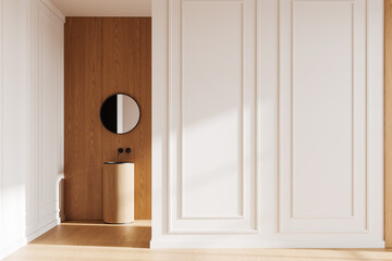 Minimalistic bathroom design with wooden panel walls and white paneling. 3D Rendering