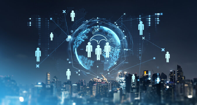 Digital people icons connected on a global network with futuristic cityscape background.