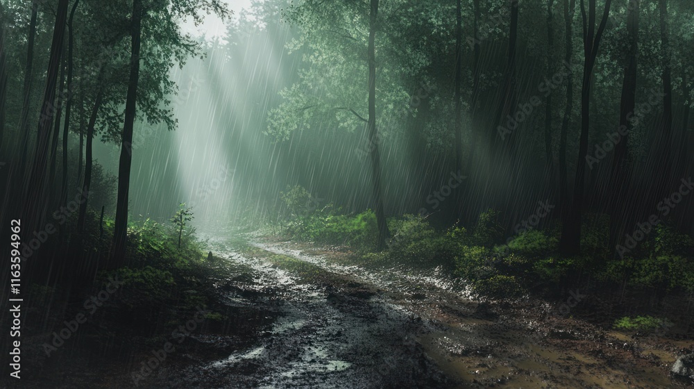 Poster rain falling on a muddy forest path.