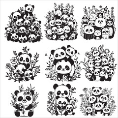 Obraz premium cute floral panda silhouette vector illustration set 