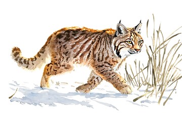 Obraz premium Watercolor painting of a lynx walking through snow and tall grass.