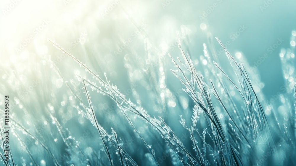 Leinwandbilder frost-covered grass blades illuminated by sunlight, creating a bokeh effect.