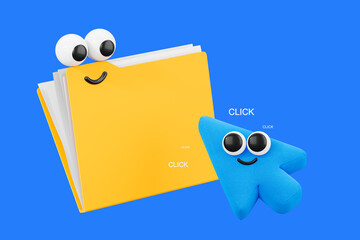 Cheerful folder and cursor characters with playful eyes on a vibrant blue background. 3D Rendering