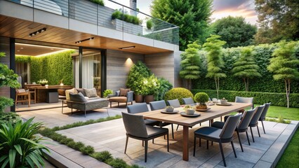 Fototapeta premium Modern Outdoor Dining Area Surrounded by Lush Greenery Featuring a Stylish Patio Set, Perfect for Summer Gatherings and Relaxation