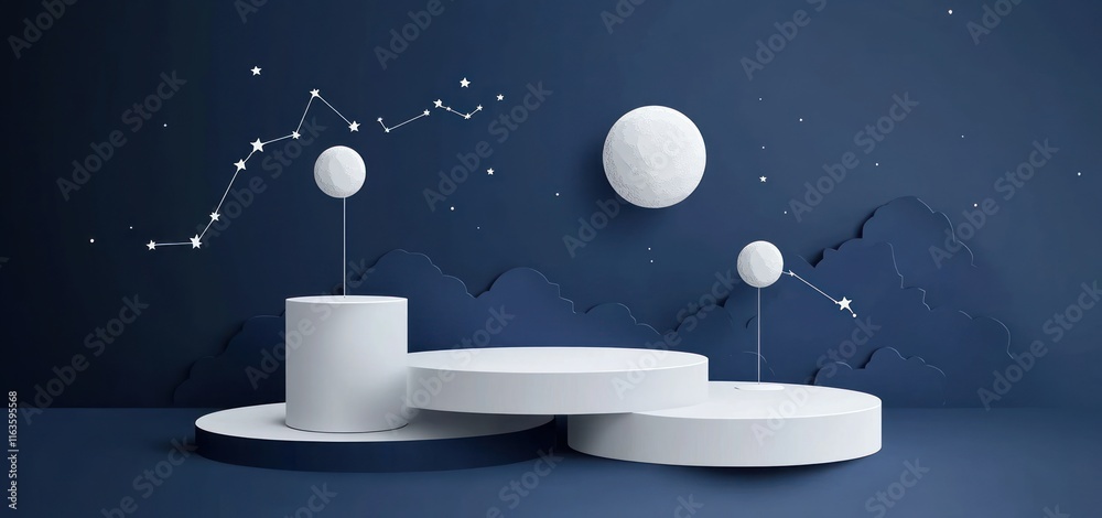 Poster Minimalist 3D render of white podiums against a dark blue background with celestial elements.