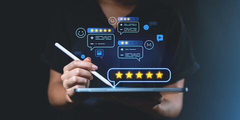 Customer reviews and star ratings shown digitally on a tablet sc