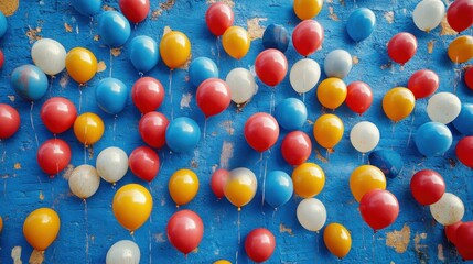Colorful balloons fill the wall creating a festive atmosphere in a lively celebration