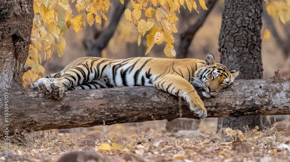 Poster Sleeping tiger resting on a fallen log in a forest with autumn leaves.