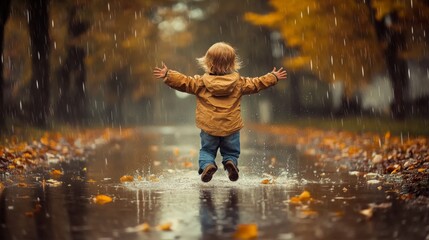 Toddler joyfully jumping in autumn rain puddle.