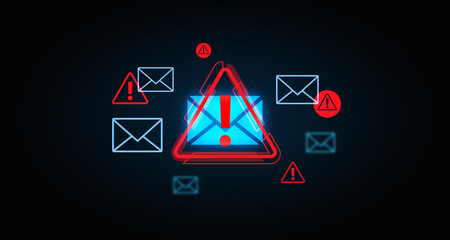 Cybersecurity warning icons with email symbols and alert signs. 3D Rendering