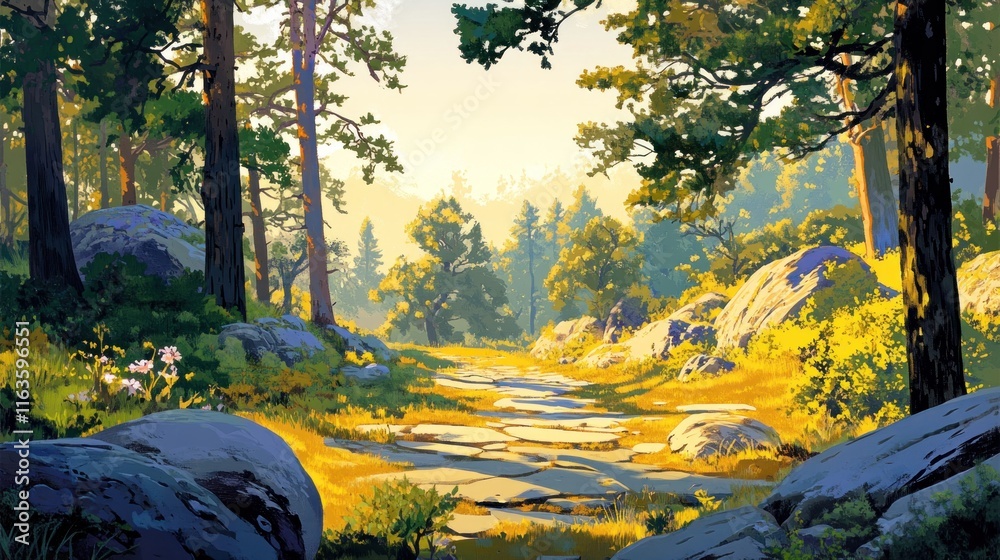 Aufkleber sunlit path through a tranquil forest with rocks and trees.