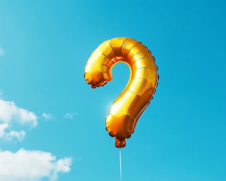 A whimsical golden question mark balloon floats against a bright blue sky, symbolizing curiosity and wonder. - Powered by Adobe