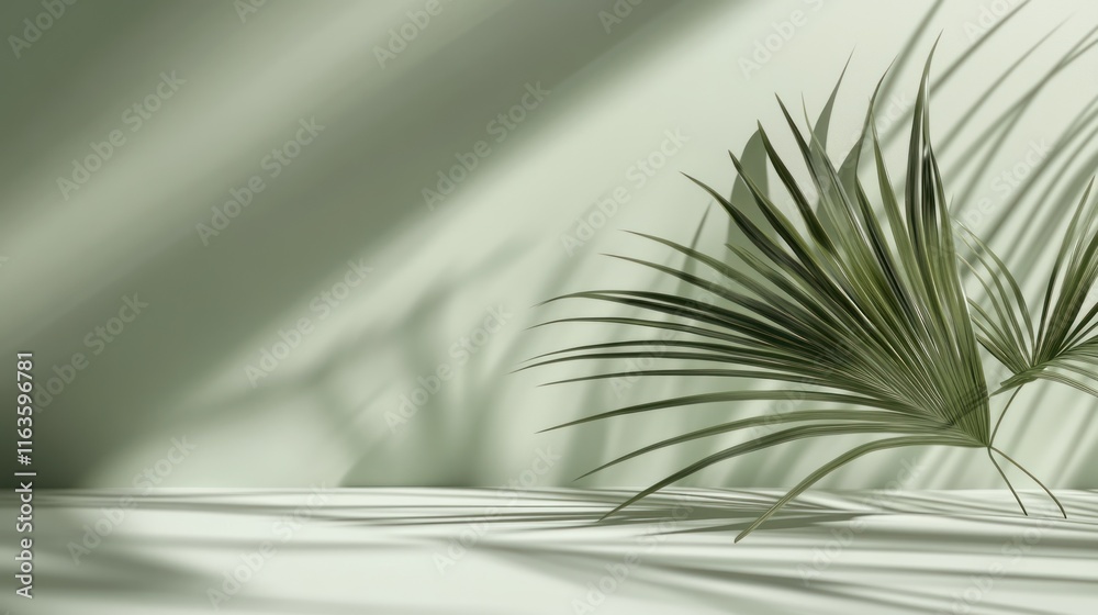 Poster soft light illuminates a minimalist scene with palm fronds casting shadows on a pale green wall and 