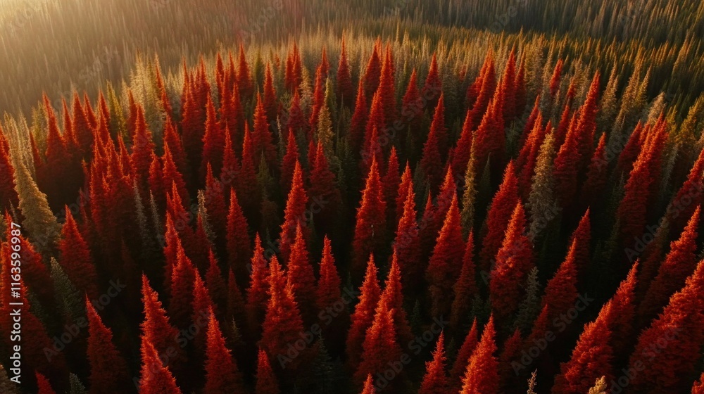 Aufkleber Aerial view of a dense forest with red and green conifers at sunset.