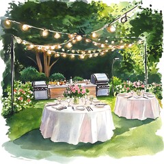 Watercolor painting of a romantic garden party scene with string lights, tables set for dinner, and grilling stations.