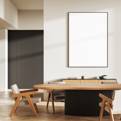 Blank vertical poster mockup in modern dining room with wooden table and chairs. 3D Rendering
