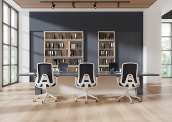 Modern office interior with large desk and chairs in front of bookshelves, bright windows, and wooden flooring. 3D Rendering