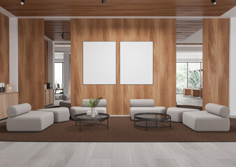 Minimalist interior with two blank posters on wooden wall above modern seating area. 3D Rendering